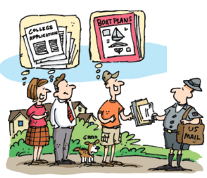Illustration of receiving boat plans in the mail instead of college applications