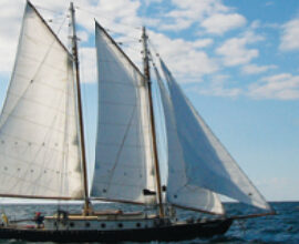 On a bright brisk day, the gaff-rigged Sara B makes a right fine sight as she slips along on Lake Ontario.