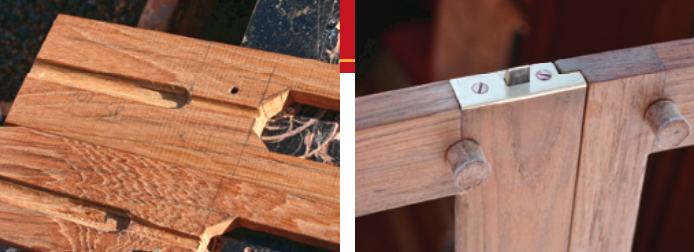 Benjy made the center door stile in two pieces and, with a router, cut grooves in them to take the homemade latches and controls, at left. The wooden plugs with leathered ends prevent the doors from bending when leaned against, at right.