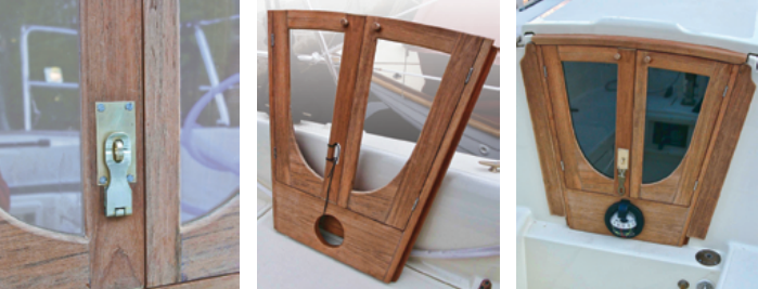With the hasp in place, at left, the doorknob cannot be turned. It can be secured with a padlock. The entire doorframe assembly can be removed, center. The doors and their frame were built around the compass, at right, and the other instruments followed.
