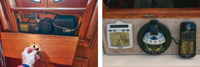 The doorframe was sufficiently deep to provide an enclosure for the backs of the compass and the depth sounder, at left. It also holds the GPS when it’s not in use. Benjy’s trio of instruments is convenient to view and doesn’t obstruct the seating area, at right.