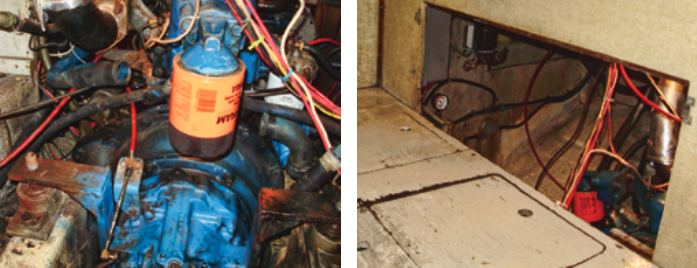 On Bob’s boat, the rear engine mounts are attached to the transmission case by L-brackets, at left. The two top nuts holding the transmission to the bell housing are visible beneath the yellow oil filter. Bob’s primary work area was through an access panel in the rear quarter berth, at right. That put him at the back of the engine and above the transmission.