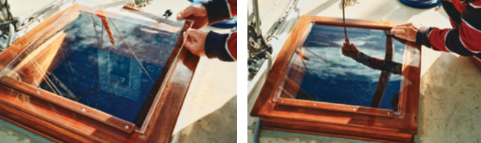 After varnishing the hatch, Nick set about fitting the new acrylic. He slid the port-side end under the batten, at left. He then carefully coaxed the sheet to the curvature of the hatch and secured the other side with its batten, at right.