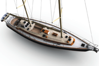 A rendering made at an early stage of the design of this 57-foot ketch helped Bob and his client visualize the interesting and unusual feature of the two cockpits.