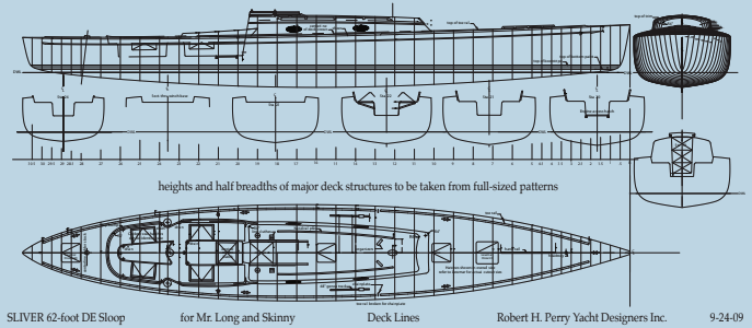 A deck-lines drawing shows all the contours for building the deck. On this one, for a 62-foot double-ended sloop, all the major hardware items have been laid out so the builder will know where the deck core has to be removed for bolting down the hardware.