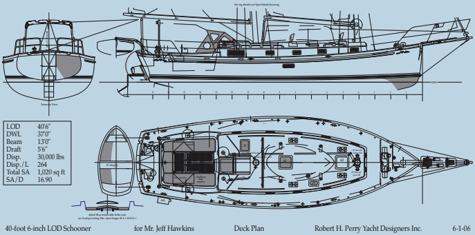 A schooner has its own deck-layout challenges but, on this one, there is room between the masts to stow a dinghy. Knowing this boat would not be close-winded due to the rig configuration, Bob put the genoa tracks on the bulwark cap so they are not underfoot on the sidedecks.