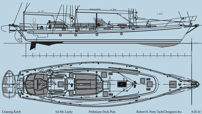 This cruising ketch has an unusual and complex deck with two cockpits and is a good example of why some sailors choose a custom design. The forward cockpit is for lounging and outside dining. The aft cockpit is snug for the owner and his wife when sailing.