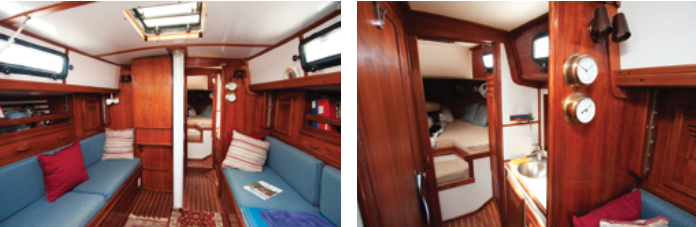 With the table stowed on the bulkhead, Sparkle Plenty’s saloon, at left, is airy and spacious. The white laminate headliner replaced aging vinyl. A full-width head compartment, at right, separates the forward cabin from the saloon.
