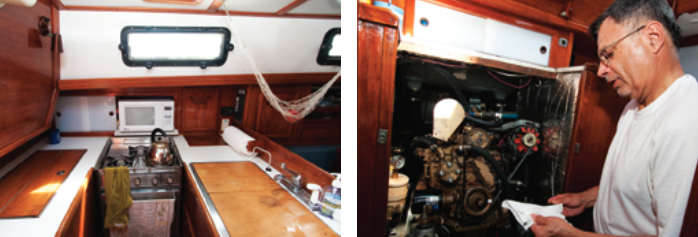 The U-shaped galley on the Mariner 36, at left, is a little tight but plenty seaworthy. Its glossy varnish is a result of Tory’s lavish attention. Tory checks the engine, at right, which he obtained on very reasonable terms from a friend.