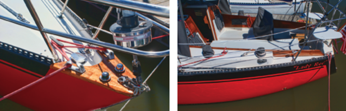 Though many Ranger 33s have been retrofitted with anchor rollers, Drifter retains the original arrangement, with individual navigation lights, two chocks, and a single cleat, at left. Teak coamings add a touch of elegance in the cockpit, at right, but do require some work if they are to be kept oiled or varnished. Primary and secondary winches and cleats on the cockpit coamings reflect the boat’s age and its racing origins.