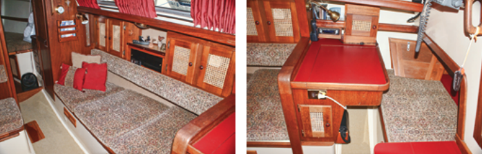 Swede built cabinets into the shelves behind the saloon settees and fitted them with cane doors for looks and ventilation, at left. Aft of the settee on the starboard side is a small navigation station, at right. Its seat is the head of the quarter berth.