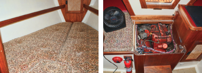 The V-berth, at left, measures just 6 feet long and, like the boat, is fairly narrow at its forward end. The cover of the engine box, at right, doubles as a companionway step and, when removed, provides access to the auxiliary engine, an Atomic 4.