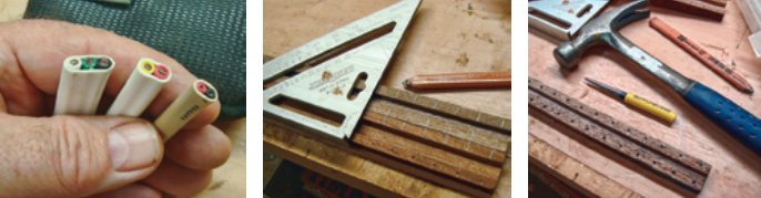 Each size of cable, at left, needed its own custom clamp. After cutting the grooves for the cables in the wood strips, Stephen marked them for fastener holes, center, then used a center punch to mark the hole centers, at right.
