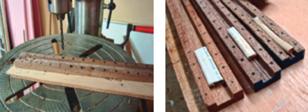 For speed and precision, Stephen used a drill press when drilling the holes, at left. The cables fit snugly in their grooves, at right. Stephen cut off the individual clamps on a band saw.
