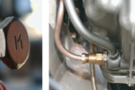 To add a suction line for an oil-change pump, Benjy had the banjo bolt that secures the oil dipstick tube drilled through the “M,” far left. He then attached the pump tube (copper color) to the dipstick assembly, near left.