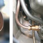 To add a suction line for an oil-change pump, Benjy had the banjo bolt that secures the oil dipstick tube drilled through the “M,” far left. He then attached the pump tube (copper color) to the dipstick assembly, near left.