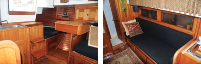 Somewhat unusual in a 30-footer is the dedicated chart table, at left, which uses the head of the quarter berth for a seat. The drawers beneath the starboard settee and the cabinets outboard, at right, are typical of the handsome joiner work found on Bristol yachts.