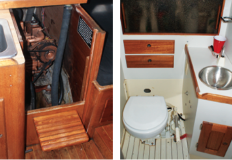 Access to the engine is not very good. Removing the companionway steps reveals the alternator, at left, but the oil dipstick can only be reached through the starboard cockpit locker. As expected on a 30-footer, the head is small, at right, but it is well provided with storage spaces.