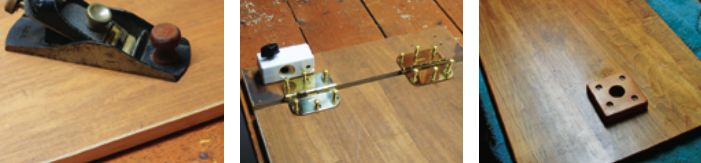 George chamfered the table’s edges with a block plane, at left, mounted the hinges and clamps, center, and attached a socket for the leg, at right.