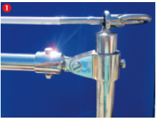 I began by measuring, cutting, and attaching a length of 7⁄8-inch outside diameter (OD) stainless-steel tubing to the aft stanchions just below the existing covered-wire lifeline. The stanchions are 1 inch in diameter, so I used 1-inch jaw slides with 7⁄8-inch external eye ends that would accommodate the 7⁄8-inch OD tubing.