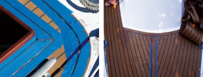 To make the synthetic deck look traditional, Eric and Kris fashioned margin pieces around the edges. Using wide masking tape let them caulk the seams without making a mess, at left. The king plank on the foredeck is a nice touch, at right. Note how flexible the material is.
