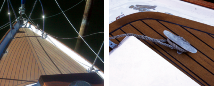 Scuffed with 100-grit sandpaper to give it a more “natural” look, the synthetic deck, at left, looks remarkably like the real thing. The preparation involved grinding the old deck surface. This left some areas damaged, at right, and they became the target of the next stage of the project.