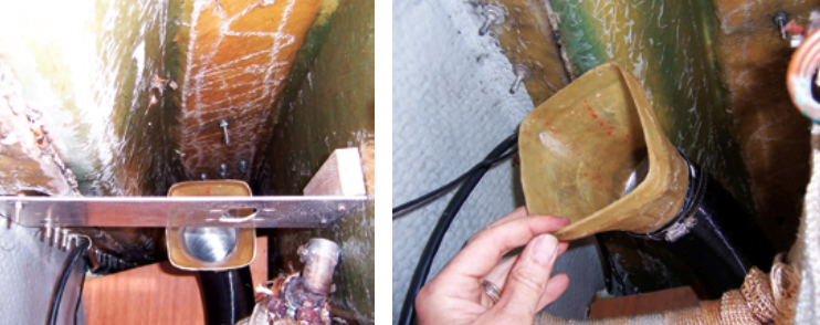 Tony found the ideal location for the heater in the unused space under the port-side cockpit coaming, at left, and made an aluminum shelf to support it. He also had to make an adaptor to connect his consignment-store heater to the air ducting normally used in boats, at right.