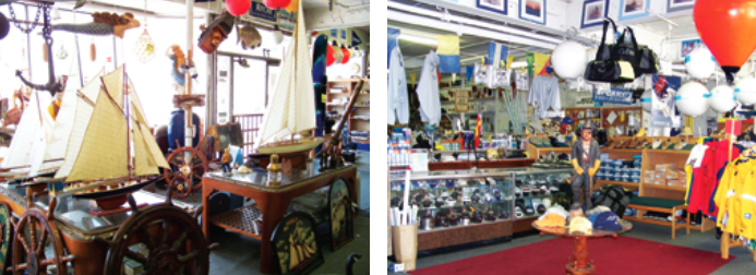 Want to make a nautical statement in your household décor? Need maritime props for an upcoming movie production? You’ll find just the right object at Nautical Traders, at left. Everything from new surplus marine apparel to new and used fenders and compasses is within reach of the sailor visiting Nautical Traders, at right. Three steps in another direction lead to more, much more. How can anyone walk out of a consignment store empty-handed?