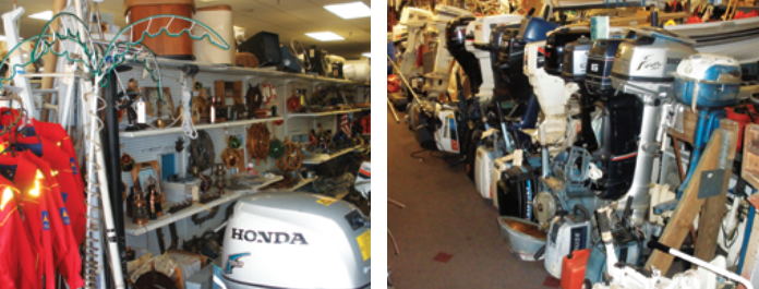 Looking for something for the sailor who has everything? Try an electric palm tree, or something from the “objects de nautical art” section, or, perhaps for the more practical type, a foul weather jacket, at left. Small outboard engines fill one aisle at the Marine Consignment of Wickford store, at right.