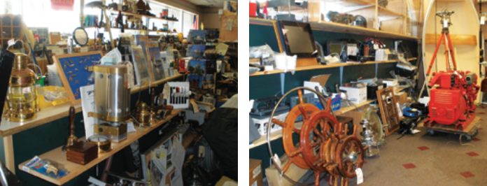 Whether practical, historical, functional, nonsensical, or a “mystery part,” it’s all there at Marine Consignment of Wickford waiting to be discovered, at left. Miles of aisles are crammed with “stuff every sailor’s gotta have” and a few things that no right-minded soul really needs, at right.