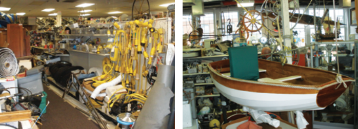 From electrical cords and adaptors to trailer tires and a whole lot more, Sam and Kathy Angelini, owners of the Marine Consignment stores of Wickford and Mystic, can probably put their hands on it, at left. It’s easy to see how a sailor can get lost for hours in a consignment store, at right.