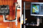 A view of the back of Jim Stedman’s GPS shows how he attached the cables to the bracket to allow movement, at far left. When in the cockpit viewing position, at left, the GPS is protected by the closed companionway slide. Jim can swing the GPS into the cabin where it’s out of the way and he can view it from the nav station.