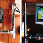 A view of the back of Jim Stedman’s GPS shows how he attached the cables to the bracket to allow movement, at far left. When in the cockpit viewing position, at left, the GPS is protected by the closed companionway slide. Jim can swing the GPS into the cabin where it’s out of the way and he can view it from the nav station.