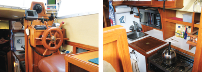 The inside helm station is compact but it’s a pleasant place from which to steer when the weather is inclement, at left. Down in the main cabin, the galley, at right, is small but adequate for a 30-foot boat and gets plenty of light from the pilothouse windows.