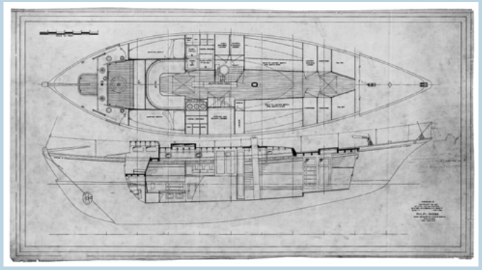 Kirawan II has a most interesting layout, as the accommodation plan and inboard profile shows, above. With that hard dodger aft, you would assume there was belowdecks access from the cockpit, but no. The companionway is well forward, well off-center, and on top of the cabin trunk. You could never sell this to a client today. Below, there is a big U-shaped dinette aft flanked by quarter berths. The centerboard trunk interrupts the galley that spreads across the boat. A huge wet locker is to starboard and the head is adjacent to port. There are settee berths and pilot berths in the main saloon. It’s a quirky layout designed for men who raced yachts in the 1930s.