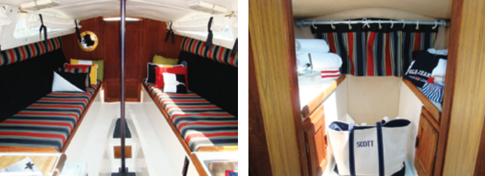 Bump-A-Noggin has a bright interior thanks to reupholstered settee cushions. The compression post for the mast is dead center, at left. Forward, the head compartment has vanities port and starboard, with the sink in the starboard one, and a portable toilet is normally between them, at right.