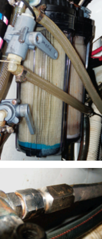 To protect the delicate (and expensive) membrane from contamination, the seawater passes through two pre-filters before it enters the high-pressure pump, above. High-pressure pipe fittings, below, are a very different species from their low-pressure counterparts.