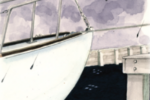Painting of a boat docking in a storm