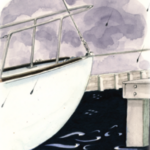 Painting of a boat docking in a storm