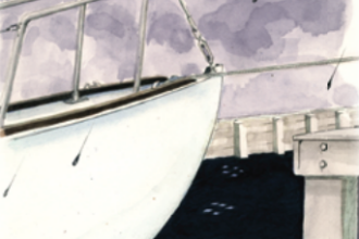 Painting of a boat docking in a storm