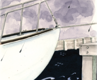 Painting of a boat docking in a storm
