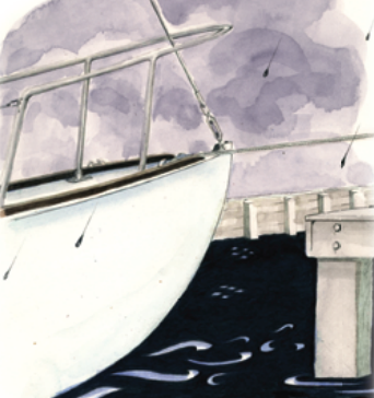 Painting of a boat docking in a storm