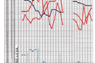 Michael created the blank form for his weather log in a spreadsheet program. He tracks each feature with a different color marker and notes the corresponding visual observations, such as cloud type and precipitation, at the bottom of the chart beneath the wind data.