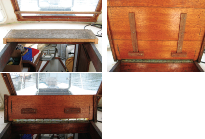 To allow him to see forward and also have the hatch open, Henry performed surgery on the hatch cover. He cut it about one third of the way back from the hinge and attached wooden strips to the underside of the after piece. These strips engage in bridge-shaped pieces on theforward part, above right, which remains attached to the boat by its hinge, above left. Now, Henry can have the hatch fully open and still see where he’s going, below.