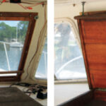 Replacing crazed glazing material in the pilothouse windows restored Henry’s view forward, but only when the companionway hatch was closed, above left. With the hatch open to allow air and access belowdecks, the view from the helm station was less than ideal.