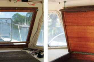 Replacing crazed glazing material in the pilothouse windows restored Henry’s view forward, but only when the companionway hatch was closed, above left. With the hatch open to allow air and access belowdecks, the view from the helm station was less than ideal.