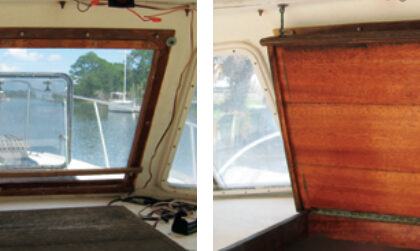 Replacing crazed glazing material in the pilothouse windows restored Henry’s view forward, but only when the companionway hatch was closed, above left. With the hatch open to allow air and access belowdecks, the view from the helm station was less than ideal.