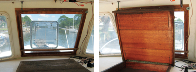 Replacing crazed glazing material in the pilothouse windows restored Henry’s view forward, but only when the companionway hatch was closed, above left. With the hatch open to allow air and access belowdecks, the view from the helm station was less than ideal.