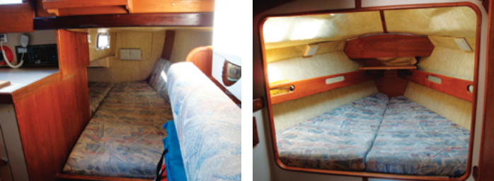 Two people can use the aft berth by sleeping athwartships, although space under the cockpit sole is tight, at left above. A large opening from the head compartment gives access to the V-berth — only a curtain provides any privacy, at right above.