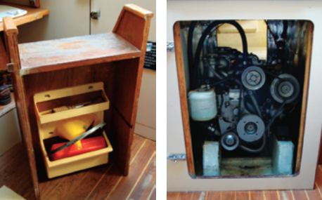 Clever use of the inside of the companionway steps creates useful stowage space, at left above. The step unit can be detached to provide access to the engine, at right above.